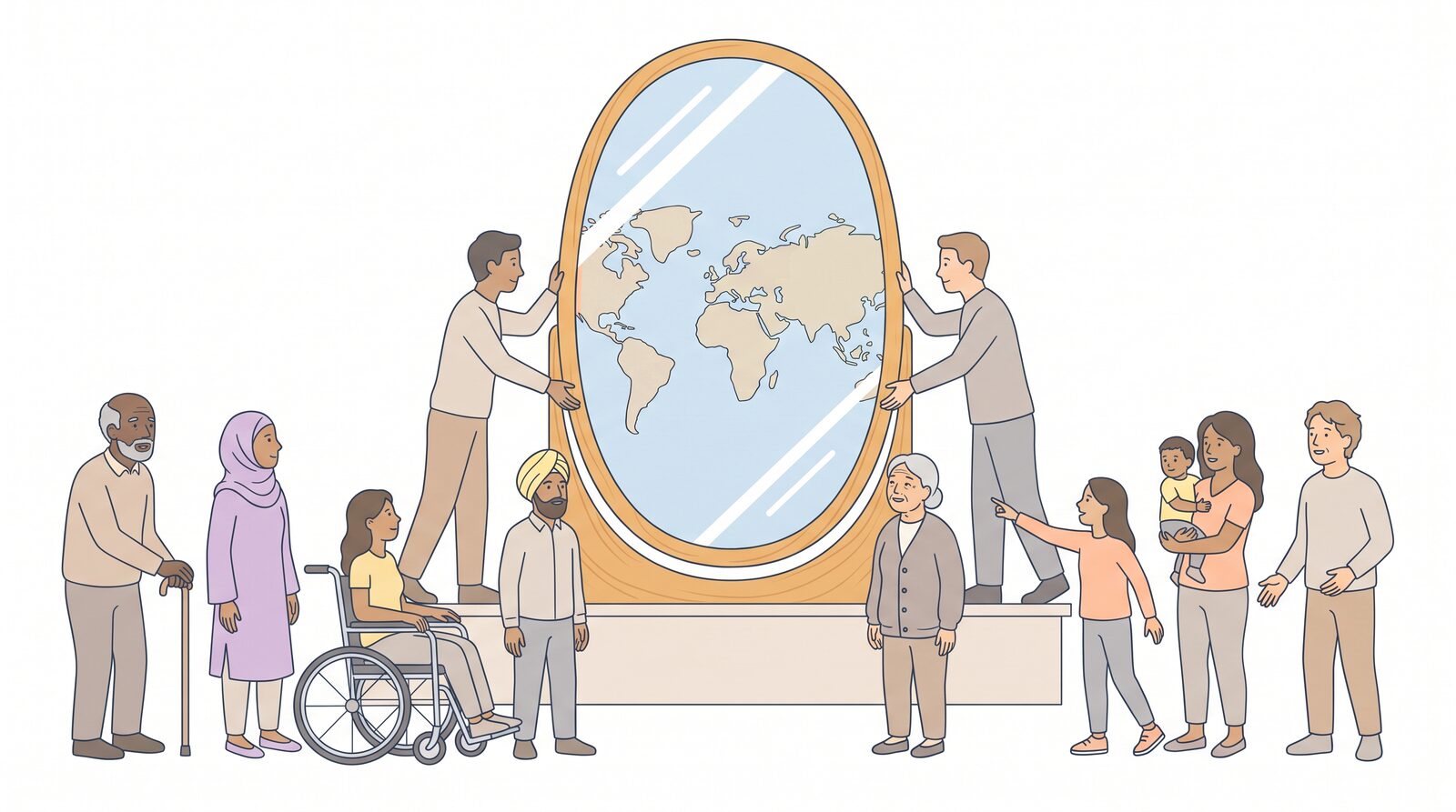People of many ages and backgrounds gather around a large mirror that reflects a map of the world.